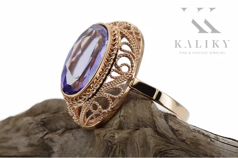 Pierścionek Alexandrite 14k czerwone różowe złoto Vintage unikatowe vrc374r